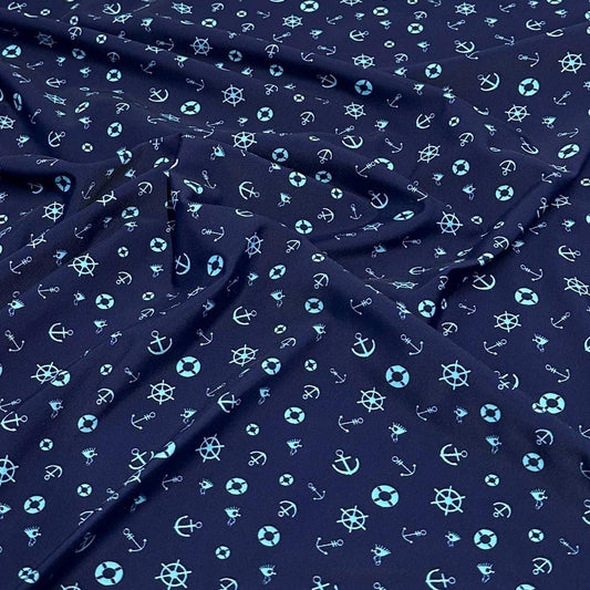 4 Way Stretch Print Nylon Spandex Fabric By The Yard Tricot Swim Wear Bikini Active Wear Mini Sailor Anchor Boat Symbols Navy