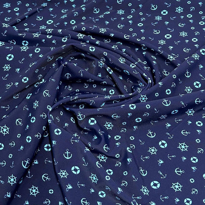 4 Way Stretch Print Nylon Spandex Fabric By The Yard Tricot Swim Wear Bikini Active Wear Mini Sailor Anchor Boat Symbols Navy