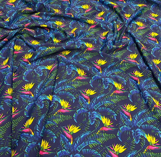 4 Way Stretch Print Nylon Spandex Fabric By The Yard Tricot Swim Wear Bikini Active Wear Tropical Floral Flower Bird of Paradise Beach