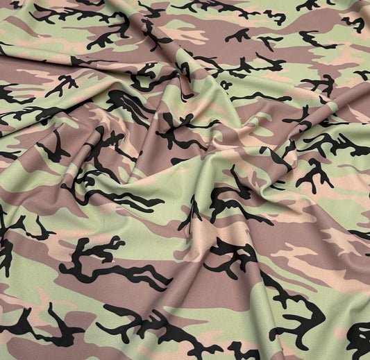 4 Way Stretch Print Nylon Spandex Fabric By The Yard Tricot Swim Wear Bikini Active Wear Camouflage Army Camo Green Tan