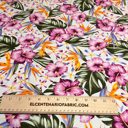 4 Way Stretch Print Nylon Spandex Fabric By The Yard Tricot Swim Wear Bikini Active Wear Bird Of Paradise Tropical Floral Hibiscus