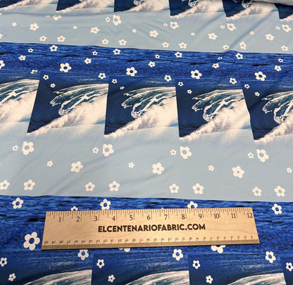 4 Way Stretch Print Nylon Spandex Fabric By The Yard Tricot Swim Wear Bikini Active Wear Big Patchwork Wave Ocean Mini Blue