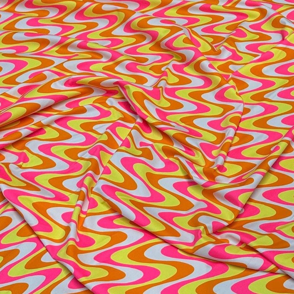 4 Way Stretch Print Nylon Spandex Fabric By The Yard Tricot Swim Wear Bikini Active Wear Pink Yellow Hazy Wave 70s Retro Vintage