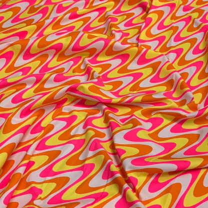 4 Way Stretch Print Nylon Spandex Fabric By The Yard Tricot Swim Wear Bikini Active Wear Pink Yellow Hazy Wave 70s Retro Vintage