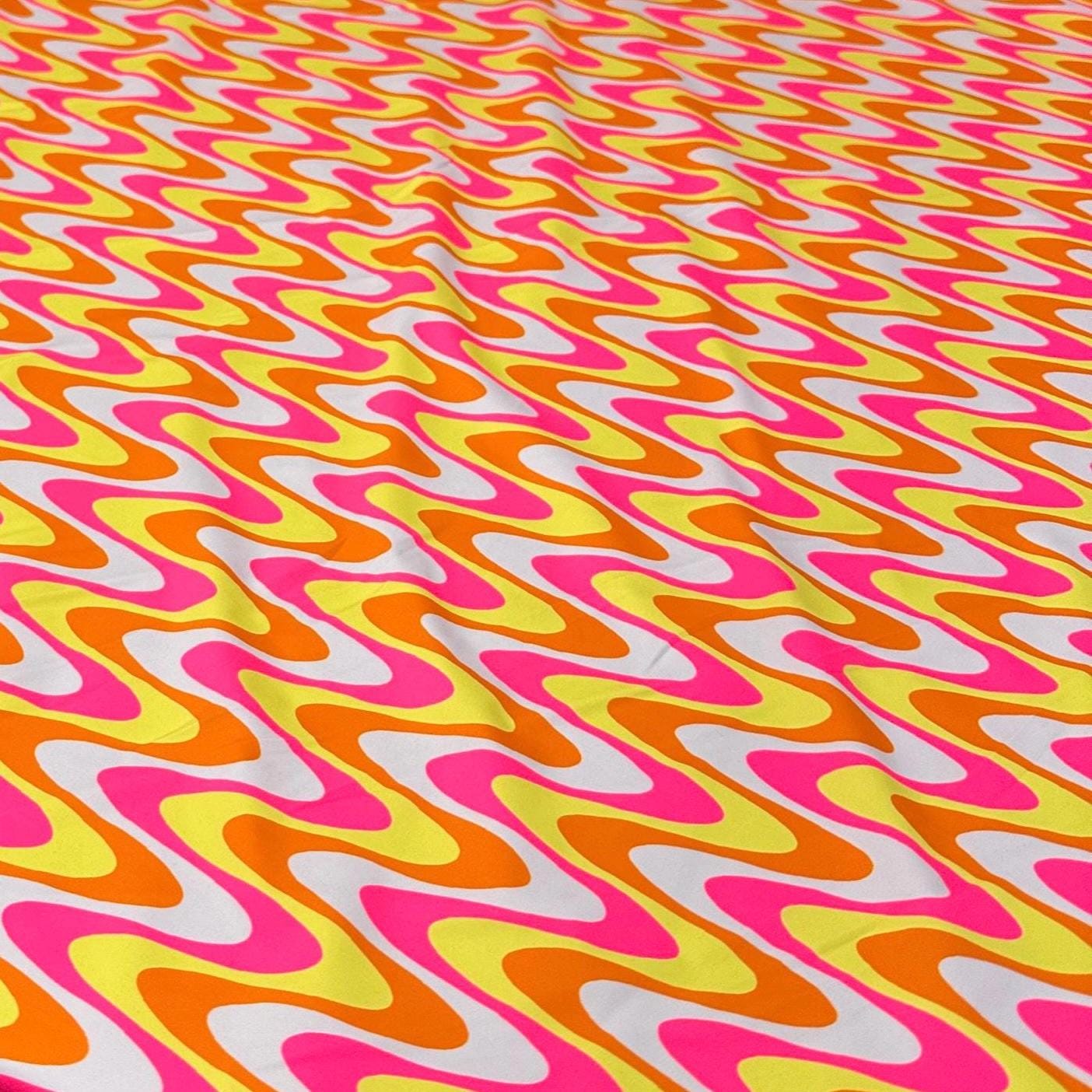 4 Way Stretch Print Nylon Spandex Fabric By The Yard Tricot Swim Wear Bikini Active Wear Pink Yellow Hazy Wave 70s Retro Vintage