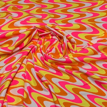 4 Way Stretch Print Nylon Spandex Fabric By The Yard Tricot Swim Wear Bikini Active Wear Pink Yellow Hazy Wave 70s Retro Vintage