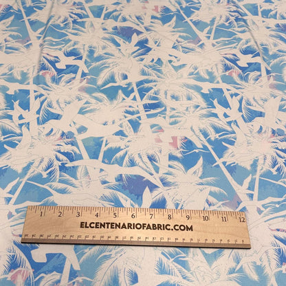 4 Way Stretch Print Nylon Spandex Fabric By The Yard Tricot Swim Wear Bikini Active Wear Tropical Ocean Palm Tree Beach Seagull Baby Blue