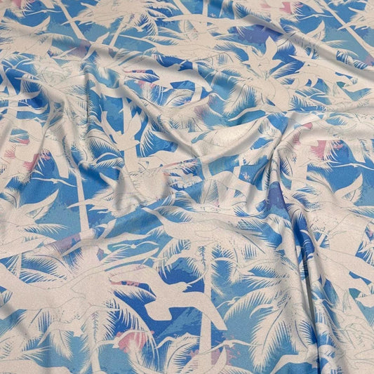 4 Way Stretch Print Nylon Spandex Fabric By The Yard Tricot Swim Wear Bikini Active Wear Tropical Ocean Palm Tree Beach Seagull Baby Blue