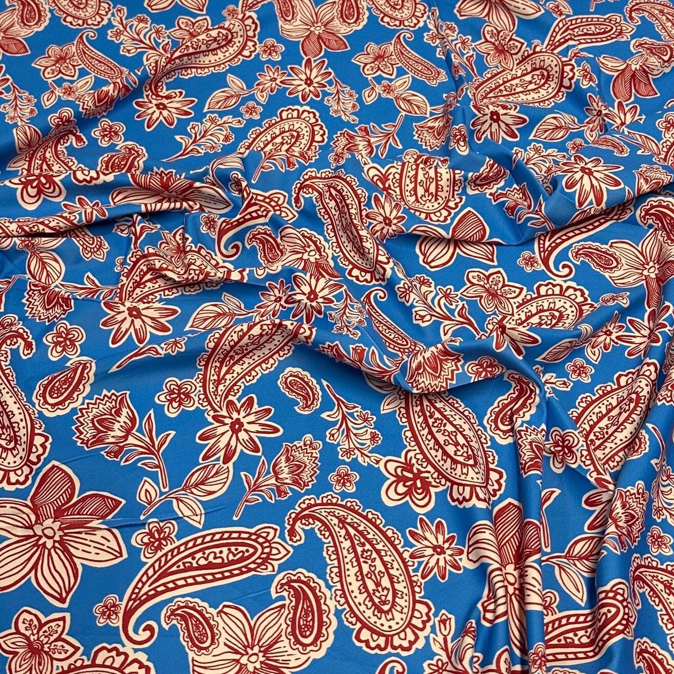 4 Way Stretch Print Nylon Spandex Fabric By The Yard Tricot Swim Wear Bikini Active Wear Paisley Shapes Floral Flower Blue Red