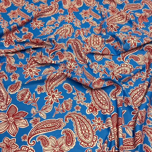 4 Way Stretch Print Nylon Spandex Fabric By The Yard Tricot Swim Wear Bikini Active Wear Paisley Shapes Floral Flower Blue Red