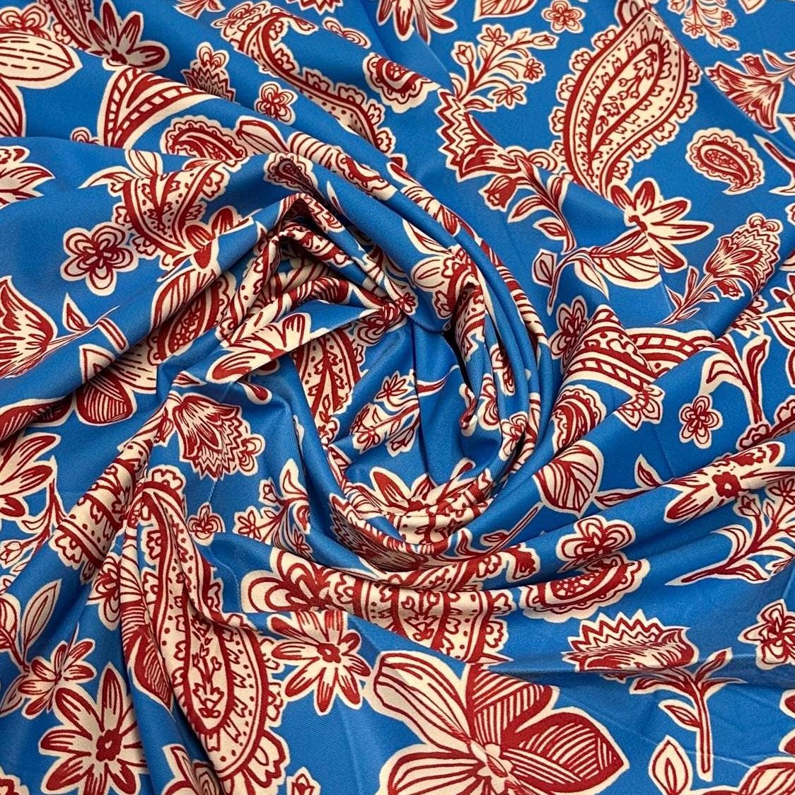 4 Way Stretch Print Nylon Spandex Fabric By The Yard Tricot Swim Wear Bikini Active Wear Paisley Shapes Floral Flower Blue Red