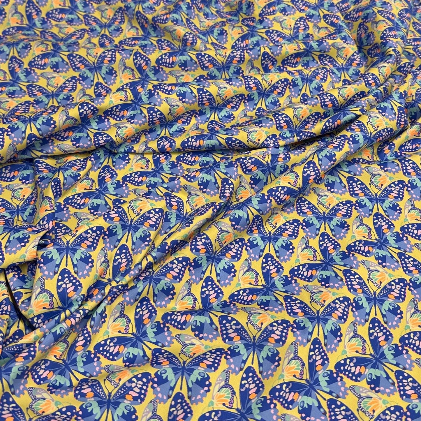 4 Way Stretch Print Nylon Spandex Fabric By The Yard Tricot Swim Wear Bikini Active Wear Blue Butterfly 70s Retro Vintage