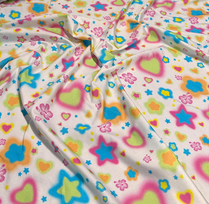 4 Way Stretch Print Nylon Spandex Fabric By The Yard Tricot Swim Wear Bikini Active Wear Tie Dye Multi Color Star Heart 220 GSM