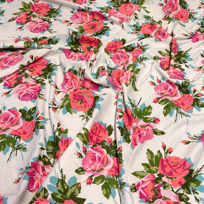 4 Way Stretch Print Nylon Spandex Fabric By The Yard Tricot Swim Wear Bikini Active Wear White Rose Floral Tropical Floral Print