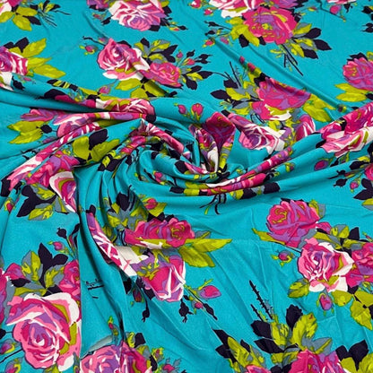 4 Way Stretch Print Nylon Spandex Fabric By The Yard Tricot Swim Wear Bikini Active Wear Jade Rose Floral Tropical Floral Print