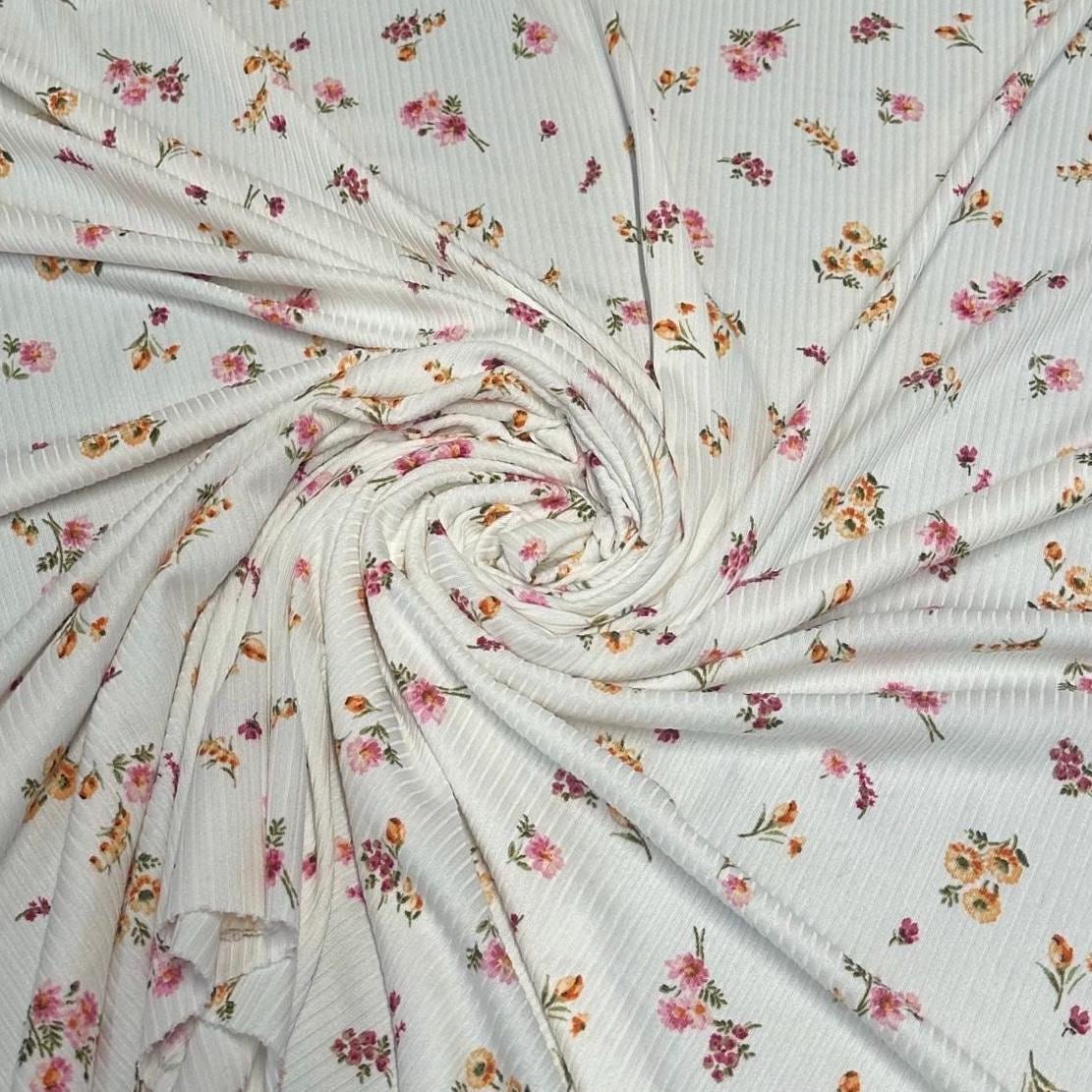 DBP 4x2 Rib Knit Small Flower Double Brushed Polyester Spandex Floral Fabric By The Yard