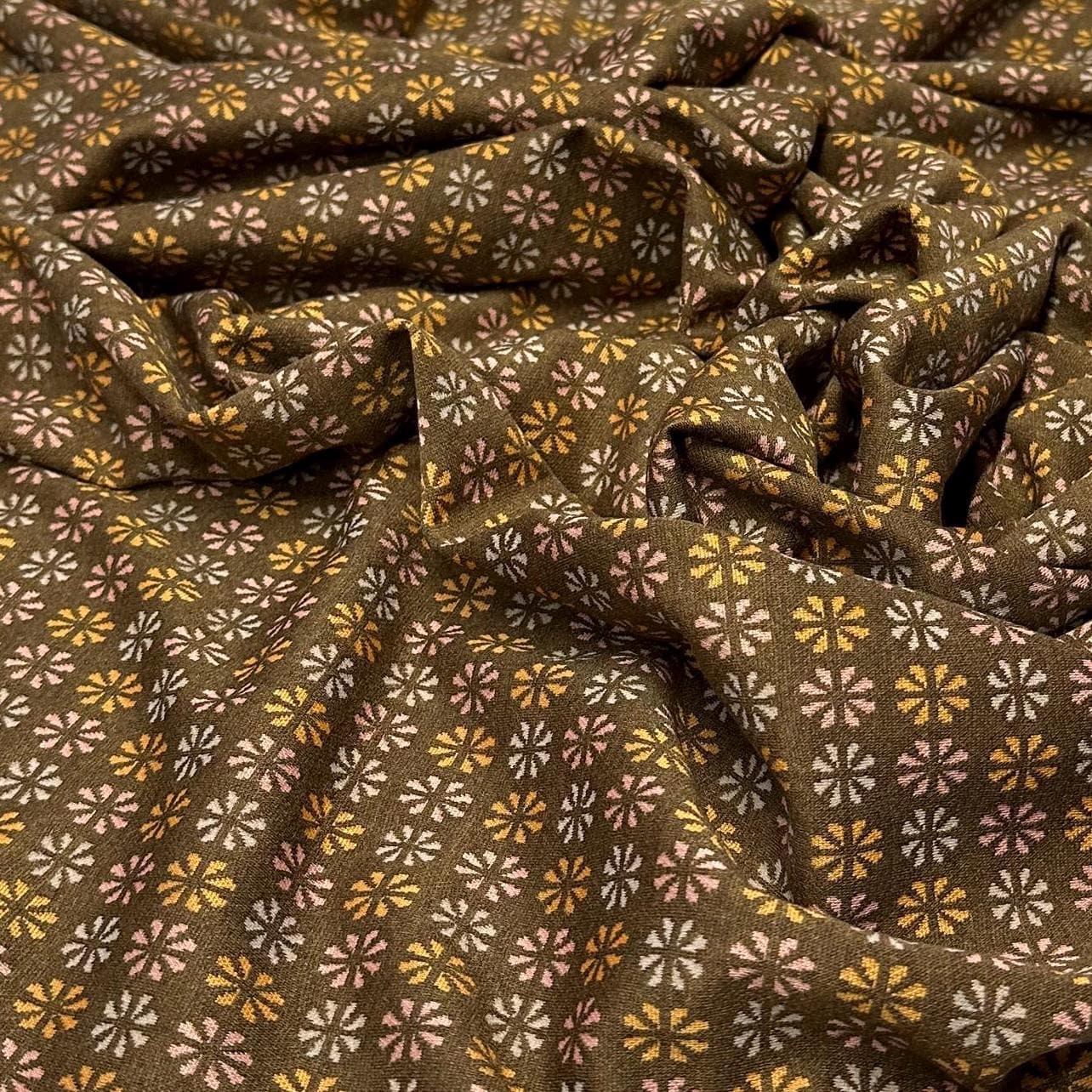 2 Way Stretch Double Knit Vintage Retro 60s 70s Flower Boho Polyester Spandex Fabric By The Yard Brown