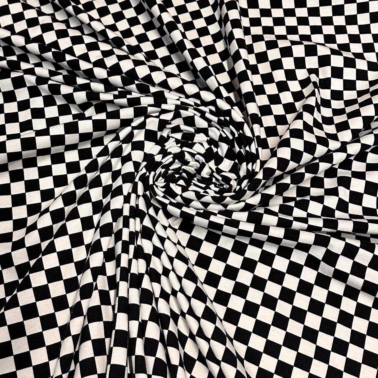 Medium Weight Cotton Spandex Black White Checkered  Print Fabric By The Yard Checker Board 170 GSM