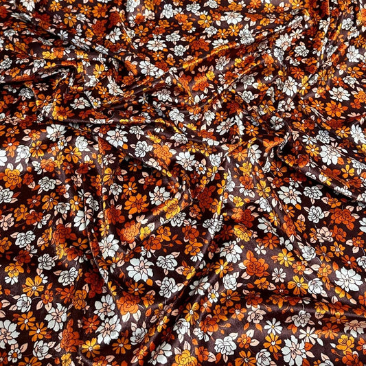 VELVET  Stretch Polyester Fabric By The Yard Vintage Boho Retro Floral 70s Flower Print