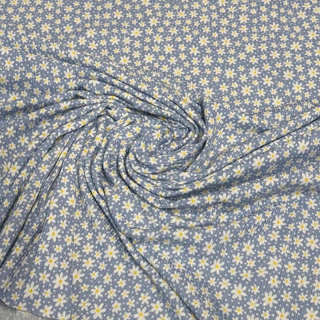 DBP 4x2 Rib Knit Small Flower Denim Daisy Double Brushed Polyester Spandex Floral Fabric By The Yard