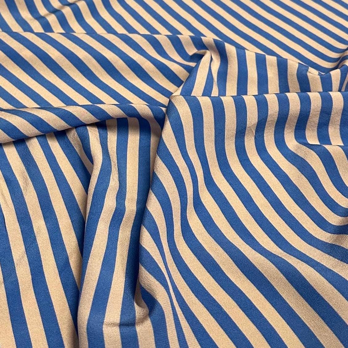 100% Silk Crepe De Chine CDC Stripe Silk Fabric By The Yard Blush Pink Blue 45 inch