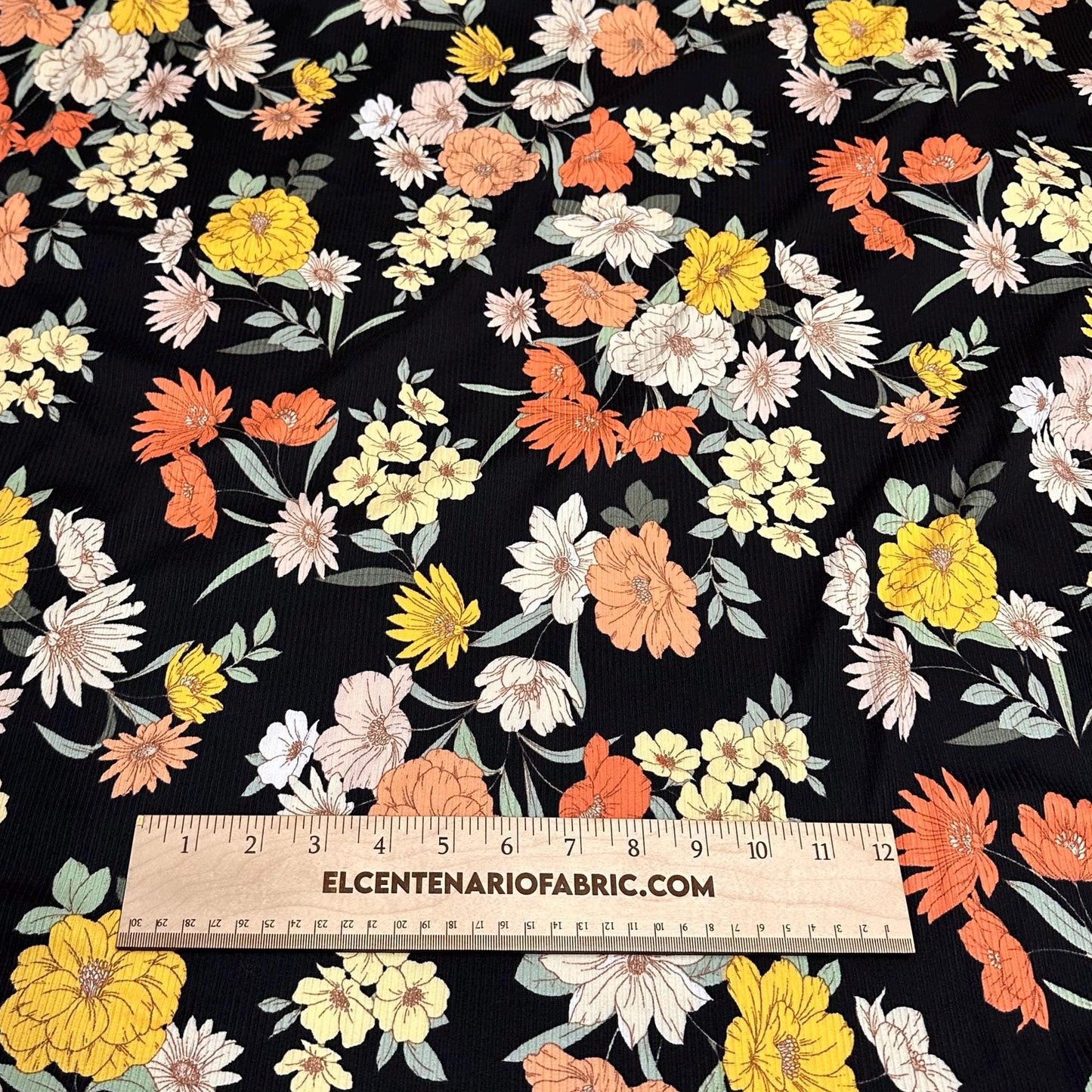 DBP 4x2 Rib Knit Flower Double Brushed Polyester Spandex Vintage Floral Black Yellow Orange Fabric By The Yard