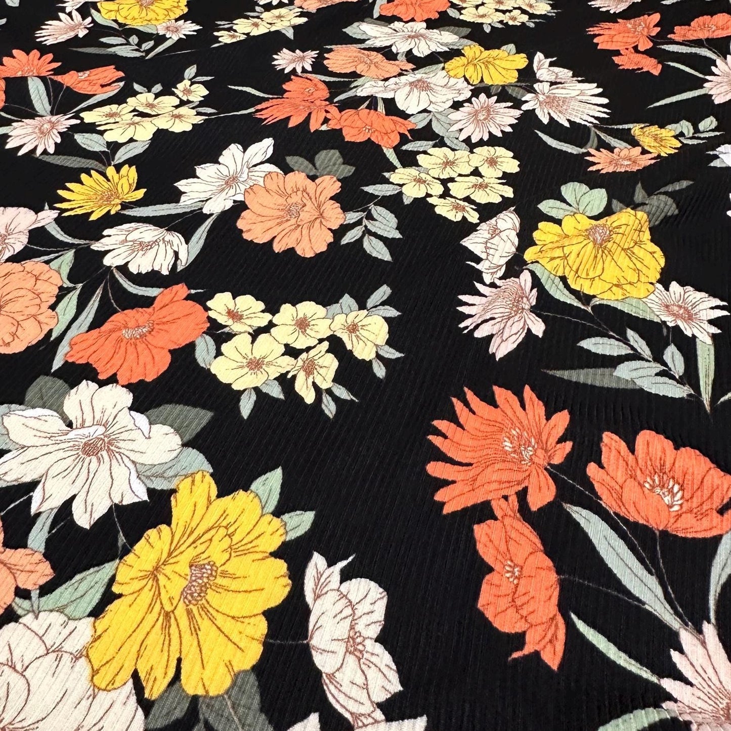 DBP 4x2 Rib Knit Flower Double Brushed Polyester Spandex Vintage Floral Black Yellow Orange Fabric By The Yard