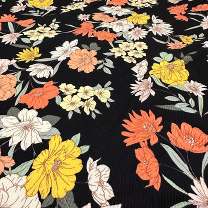 DBP 4x2 Rib Knit Flower Double Brushed Polyester Spandex Vintage Floral Black Yellow Orange Fabric By The Yard