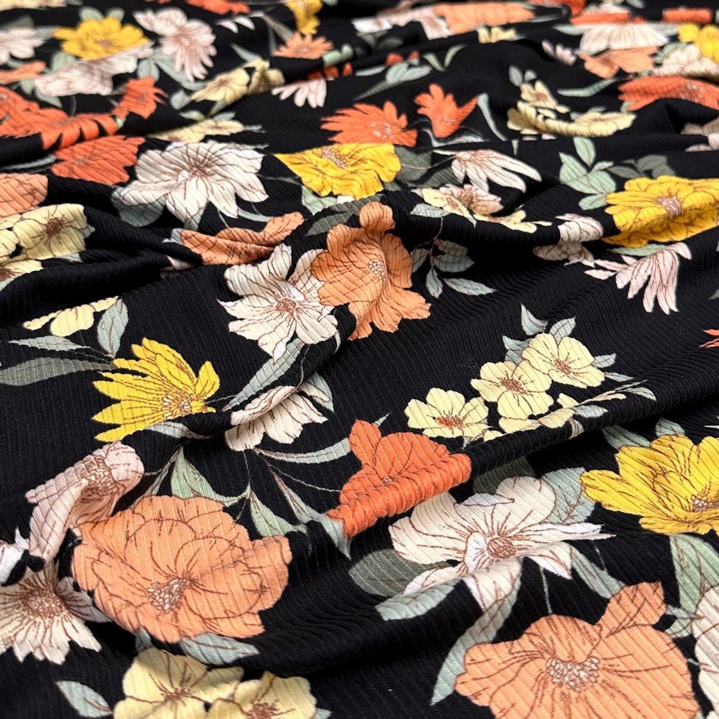 DBP 4x2 Rib Knit Flower Double Brushed Polyester Spandex Vintage Floral Black Yellow Orange Fabric By The Yard