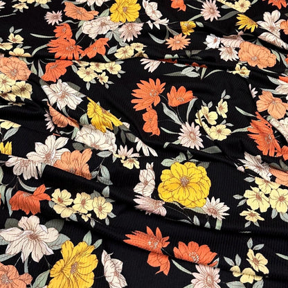 DBP 4x2 Rib Knit Flower Double Brushed Polyester Spandex Vintage Floral Black Yellow Orange Fabric By The Yard