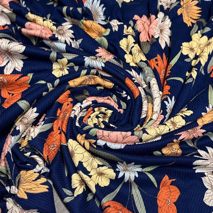 DBP 4x2 Rib Knit Flower Double Brushed Polyester Spandex Vintage Floral Navy Yellow Orange Fabric By The Yard