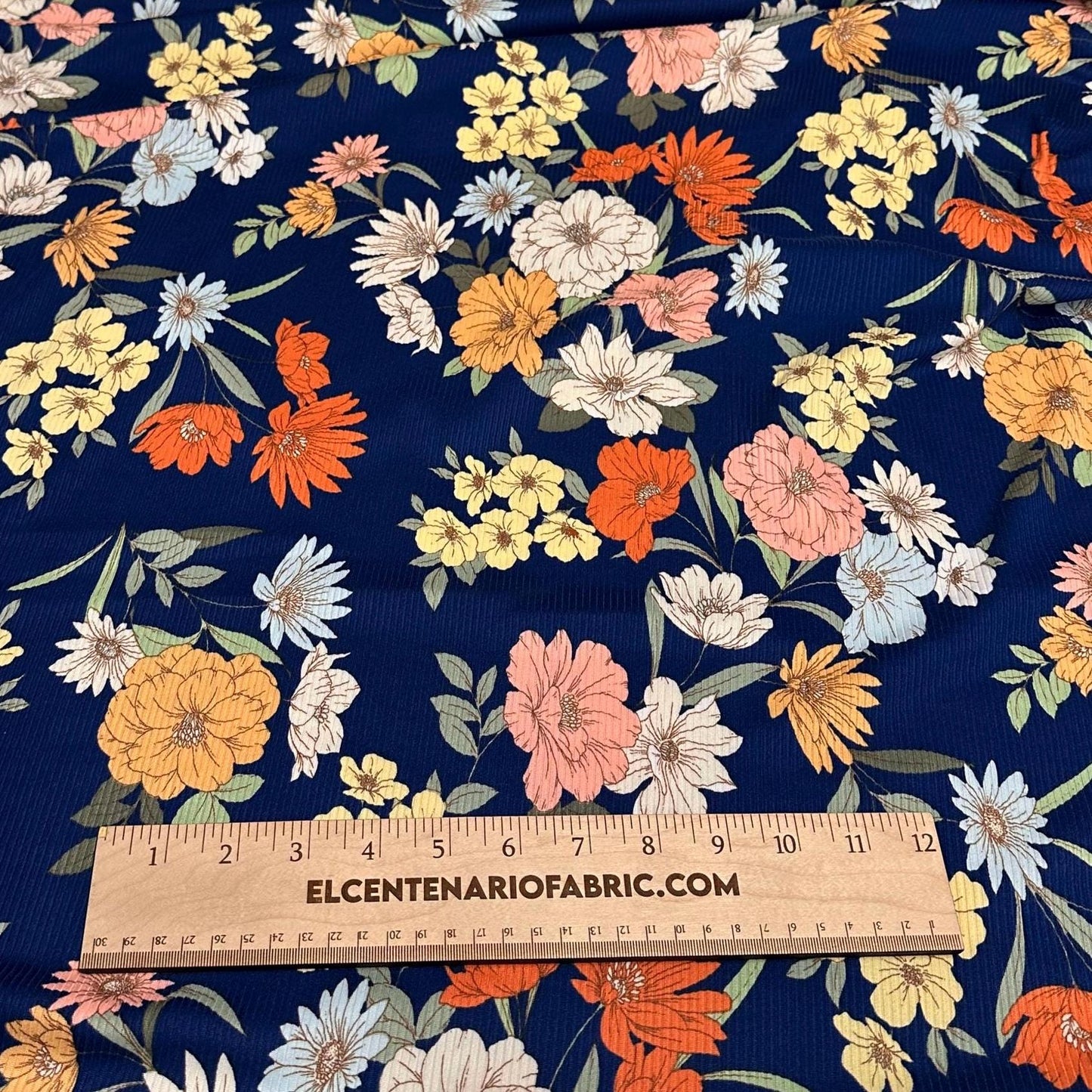 DBP 4x2 Rib Knit Flower Double Brushed Polyester Spandex Vintage Floral Navy Yellow Orange Fabric By The Yard