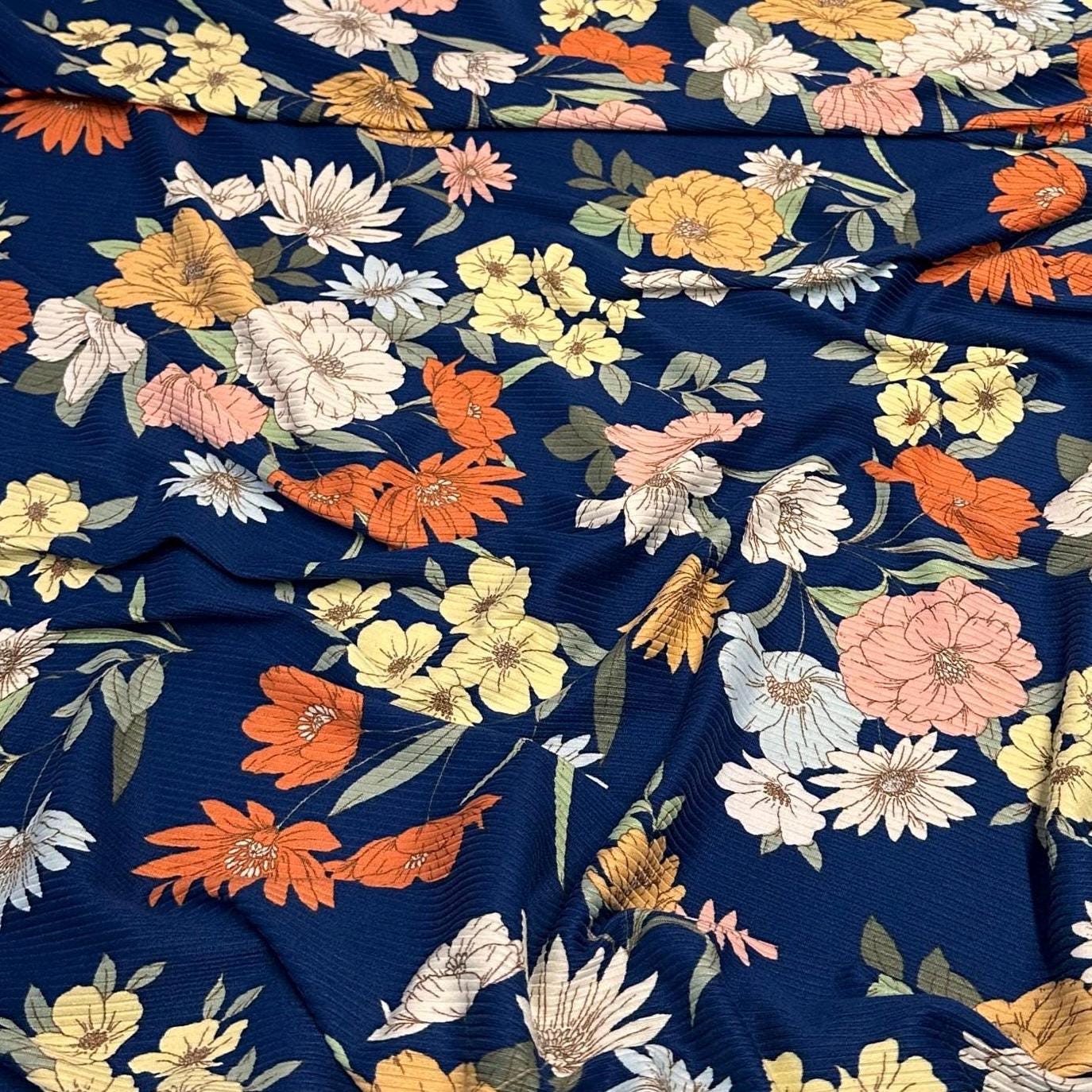 DBP 4x2 Rib Knit Flower Double Brushed Polyester Spandex Vintage Floral Navy Yellow Orange Fabric By The Yard