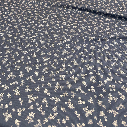 DBP 4x2 Rib Knit Flower Double Brushed Polyester Spandex Vintage Ditsy Floral Monotone Denim Fabric By The Yard