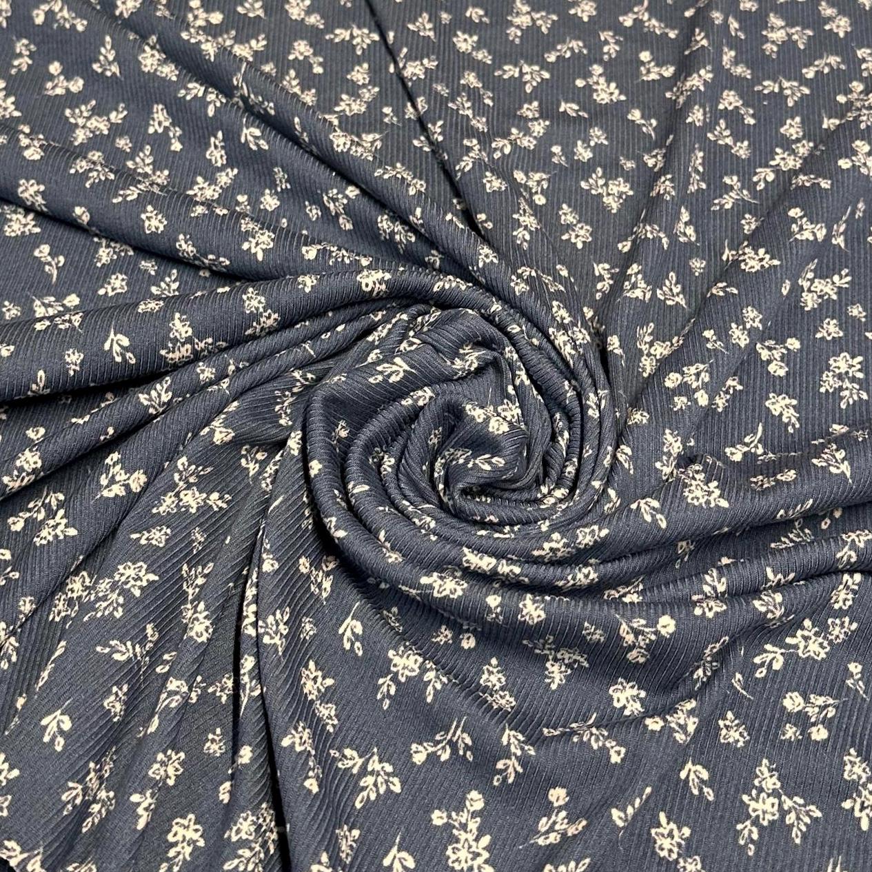 DBP 4x2 Rib Knit Flower Double Brushed Polyester Spandex Vintage Ditsy Floral Monotone Denim Fabric By The Yard