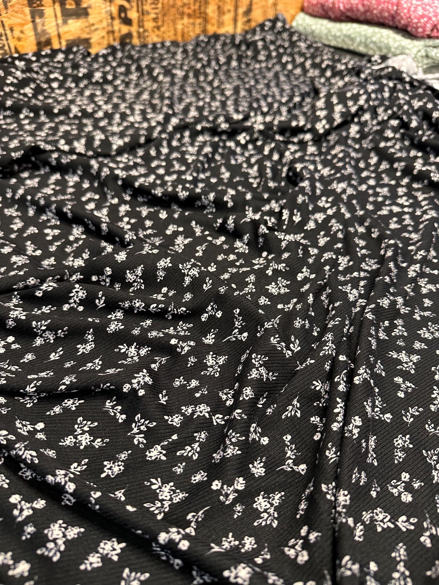 DBP 4x2 Rib Knit Mini Flower Double Brushed Polyester Spandex Vintage Ditsy Floral Monotone Black Fabric By The Yard