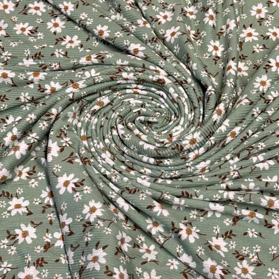 DBP 4x2 Rib Knit Mini Flower Double Brushed Polyester Spandex Vintage Ditsy Daisy Floral Monotone Sage Fabric By The Yard