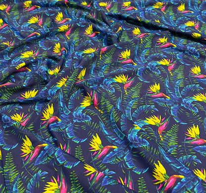 4 Way Stretch Print Nylon Spandex Fabric By The Yard Tricot Swim Wear Bikini Active Wear Tropical Floral Flower Bird of Paradise Beach