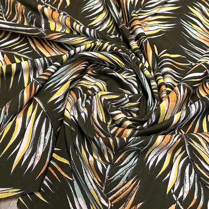 4 Way Stretch Print Nylon Spandex Fabric By The Yard Tricot Swim Wear Bikini Active Wear Tropical Leaf Floral Flower Olive Yellow