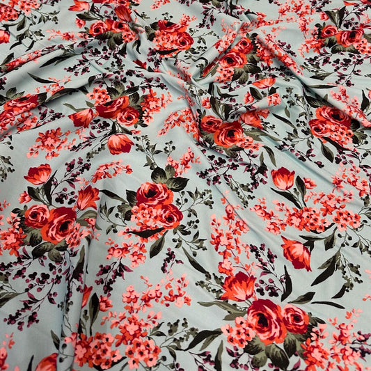 4 Way Stretch Print Nylon Spandex Fabric By The Yard Tricot Swim Wear Bikini Active Wear Rose Floral Carnation Soft Blue Red  Flower