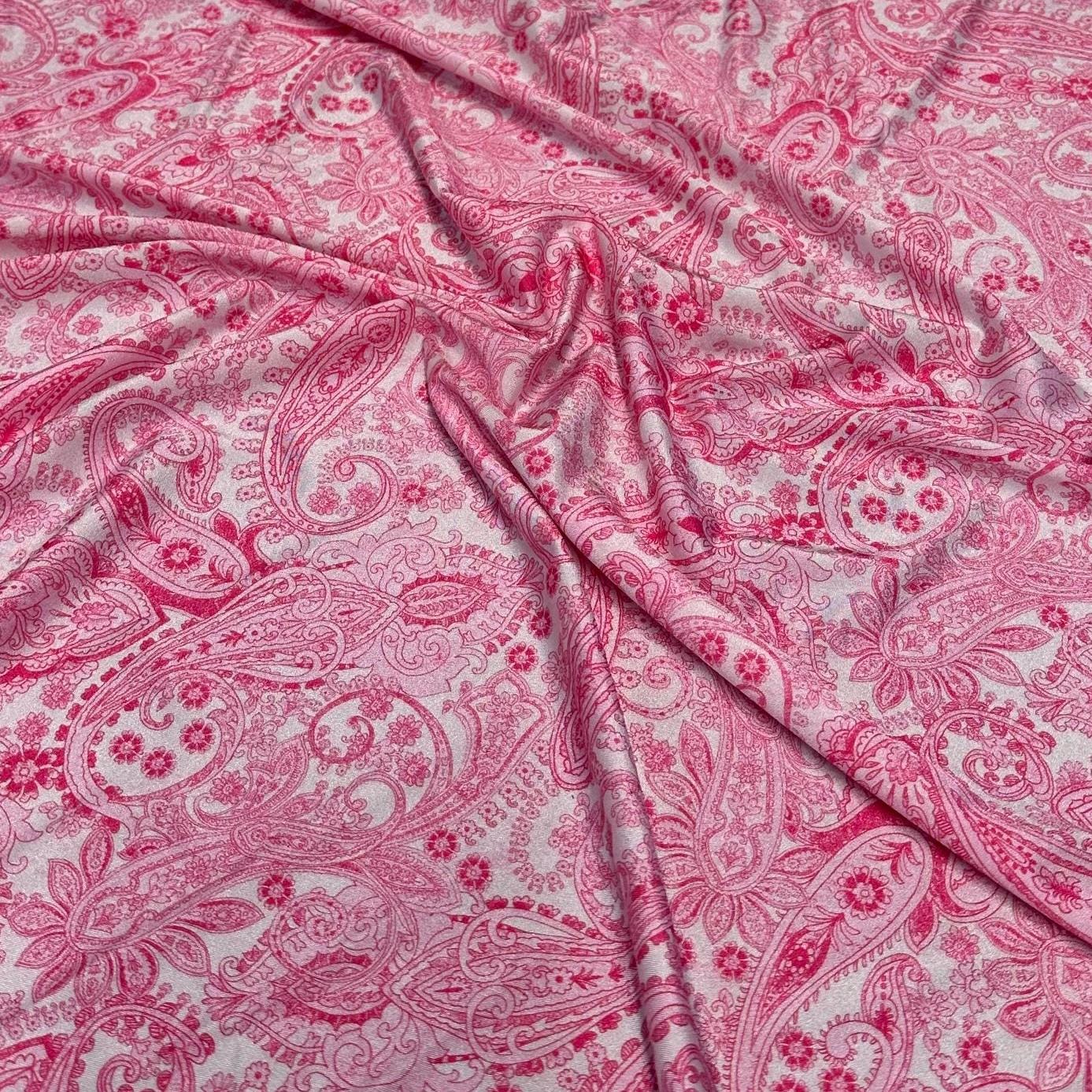 4 Way Stretch Print Nylon Spandex Fabric By The Yard Tricot Swim Wear Bikini Active Wear Pink Paisley 70s Retro Vintage