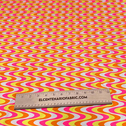 4 Way Stretch Print Nylon Spandex Fabric By The Yard Tricot Swim Wear Bikini Active Wear Pink Yellow Hazy Wave 70s Retro Vintage