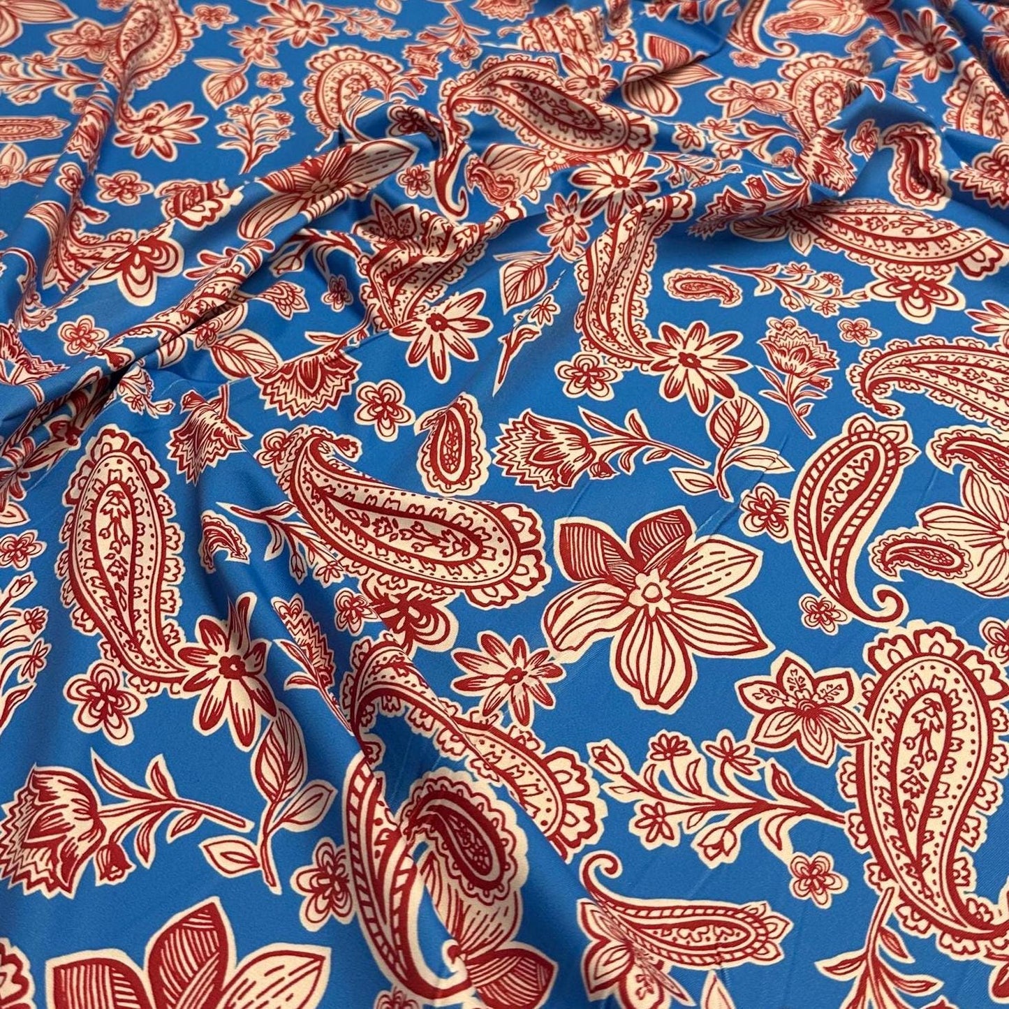 4 Way Stretch Print Nylon Spandex Fabric By The Yard Tricot Swim Wear Bikini Active Wear Paisley Shapes Floral Flower Blue Red