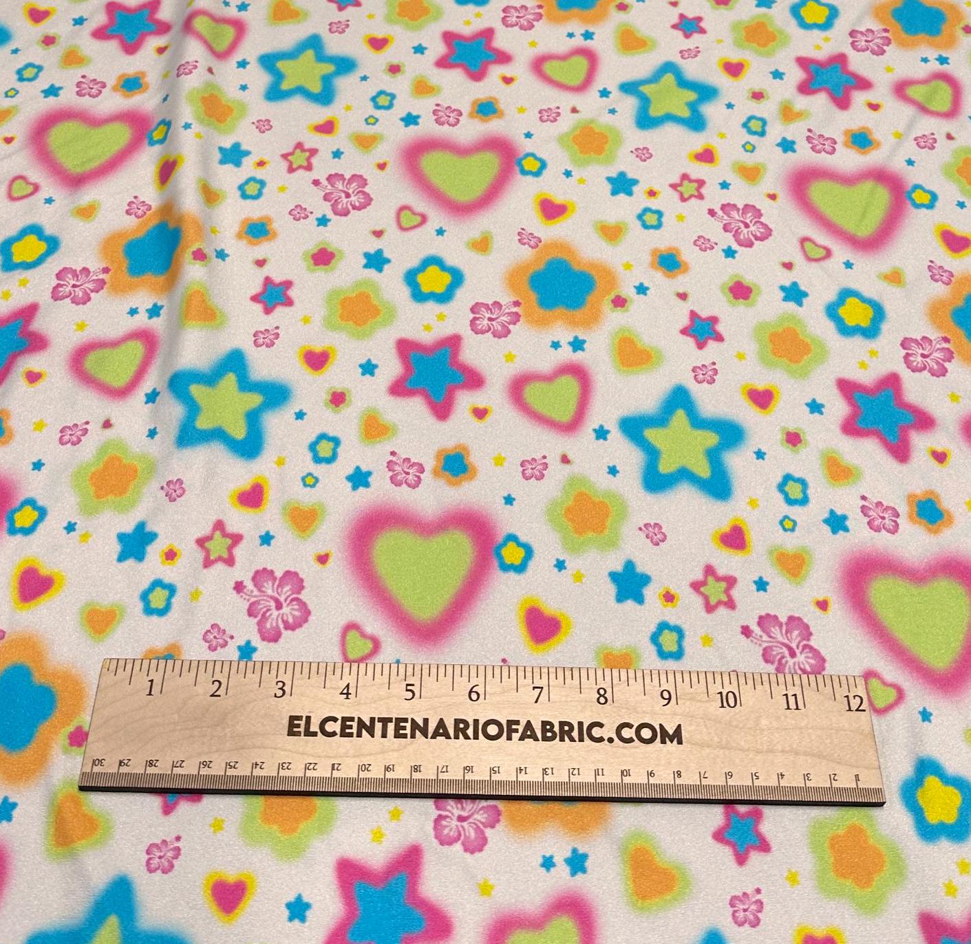 4 Way Stretch Print Nylon Spandex Fabric By The Yard Tricot Swim Wear Bikini Active Wear Tie Dye Multi Color Star Heart 220 GSM