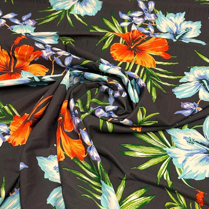 4 Way Stretch Print Nylon Spandex Fabric By The Yard Tricot Swim Wear Bikini Active Wear Grey Blue Tropical Floral Hibiscus Print