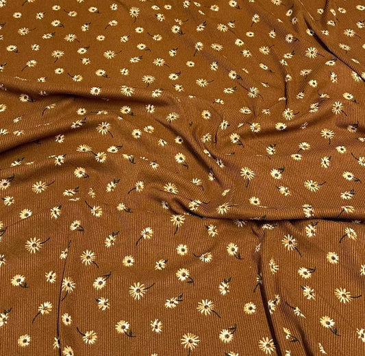 DBP 4x2 Rib Knit Mini Flower Double Brushed Polyester Spandex Vintage Ditsy Daisy Floral Monotone Rust Fabric By The Yard