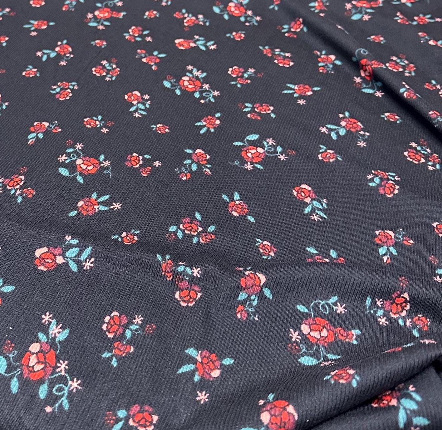 DBP 4x2 Rib Knit Mini Flower Double Brushed Polyester Spandex Vintage Ditsy Daisy Floral Monotone Black Red Fabric By The Yard