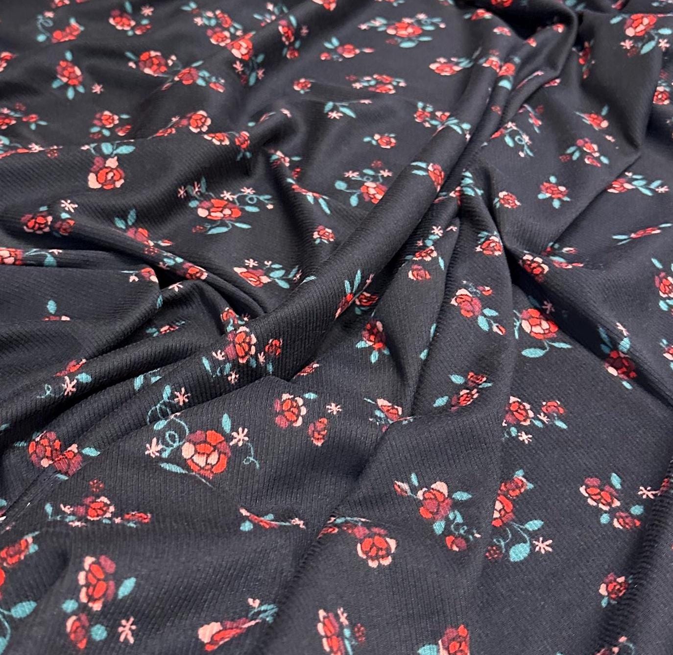 DBP 4x2 Rib Knit Mini Flower Double Brushed Polyester Spandex Vintage Ditsy Daisy Floral Monotone Black Red Fabric By The Yard