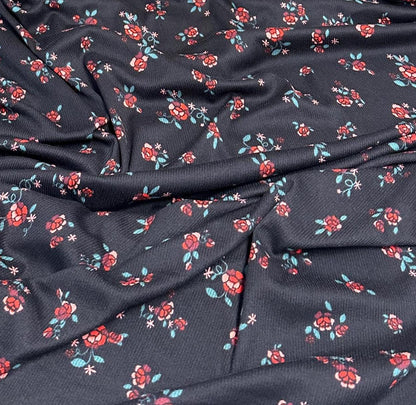 DBP 4x2 Rib Knit Mini Flower Double Brushed Polyester Spandex Vintage Ditsy Daisy Floral Monotone Black Red Fabric By The Yard