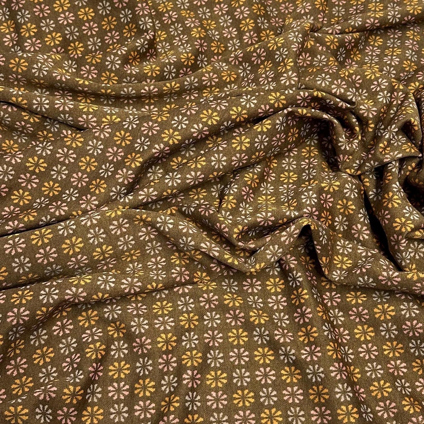 2 Way Stretch Double Knit Vintage Retro 60s 70s Flower Boho Polyester Spandex Fabric By The Yard Brown